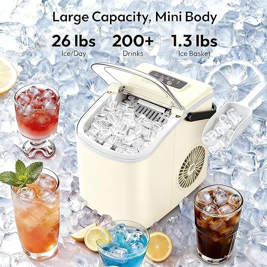 Small Portable Countertop Ice Maker, 26lbs/24H Ice Machine with Self-Cleaning, 6-8 Mins Fast Ice Making,Quiet Operation, Compact Ice Maker with Handle for Home Kitchen Camping RV (Beige, 26lbs)