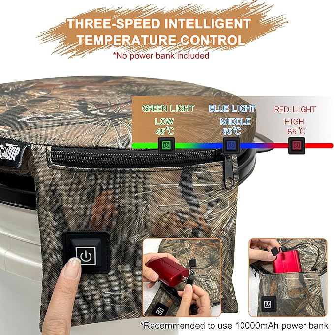 MDSTOP Heated 5 Gallon Bucket Seat, 360-Degree Swivel Bucket Seat Lid, Waterproof Top Seat Foam Cushion for Dove Duck Hunting, Ice Fishing, Baseball, Gardening, Camping（No Power Bank）