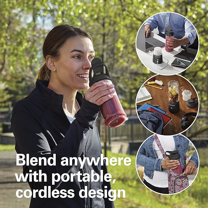 Hamilton Beach Mini Cordless Portable Personal Blender for Shakes and Smoothies, USB Rechargeable, 16 oz. Jar with Leakproof Travel Lid, 6 Stainless Steel Blades, Black (51180)