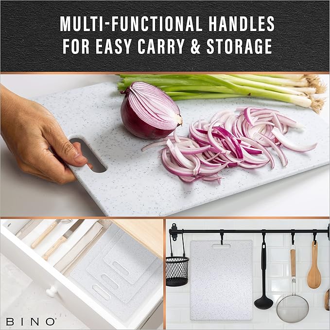 BINO Cutting Board - 3-Piece Chopping Boards | BPA-Free Plastic, Durable, Multipurpose, Dual-Sided, Dishwasher Safe, Easy to Clean | Charcuterie Accessories | Home & Kitchen Utensils White Granite