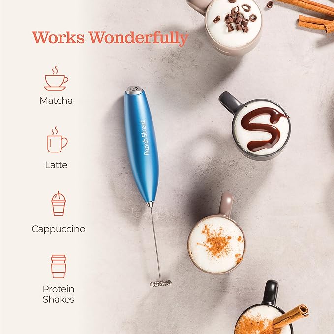 Powerful Handheld Milk Frother, Mini Milk Foamer, Battery Operated Stainless Steel Drink Mixer with Frother Stand