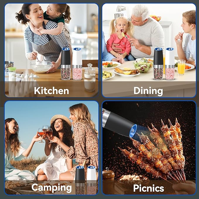 UNNEES Gravity Electric Salt and Pepper Grinder set of 2, Automatic Salt And Pepper Grinder Set, Adjustable Roughness, Battery Powered, LED Light, 2 Pack, (Black&White)