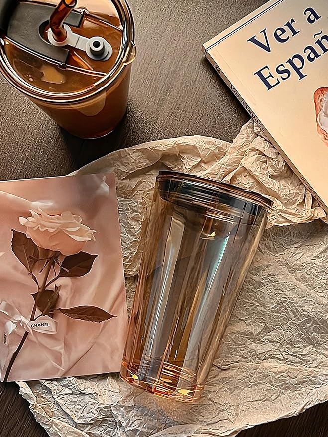 Olvini 15oz Glass Tumbler with Straw and Lid, Cute Iced Coffee Cups, Aesthetic Glass Cups, Coffee Tumbler, Water Cup, Matcha Cup, Drinking Glasses (Amber)