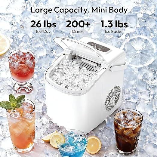 Small Portable Countertop Ice Maker, 26lbs/24H Ice Machine with Self-Cleaning, 6-8 Mins Fast Ice Making,Quiet Operation, Compact Ice Maker with Handle for Home Kitchen Camping RV (White, 26lbs)