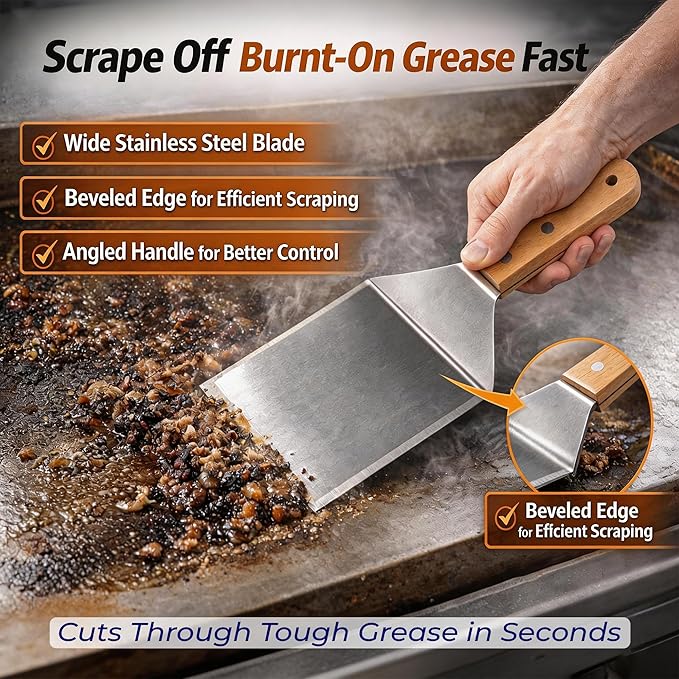Extra Wide Griddle Spatula – Large Metal Grill Spatula with Full Tang Wooden Handle & Beveled Edges, Heavy Duty Turner for Skillets, Griddles & Grills, Perfect for Burgers (Style 04)