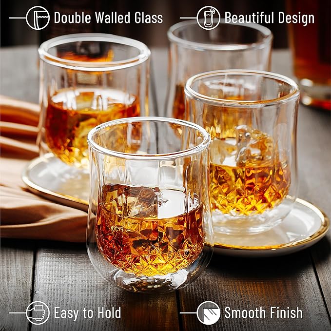 BTaT- Double Walled Drinking Glass, 4 Pack, 8 oz, Stylish Insulated Rocks Glass for Hot and Cold Beverages, Whiskey, Bourbon, Vodka and Scotch