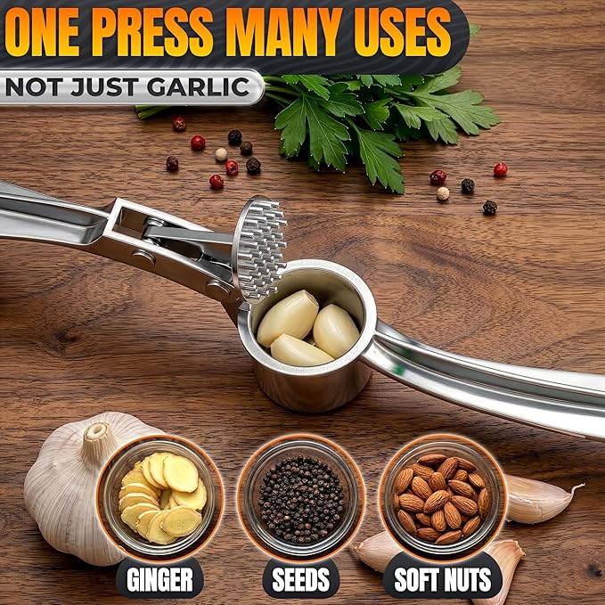 Metal Garlic Press - Ginger Mincer with 37 Built-In Studs for Maximum Extraction, Garlic Crusher for Ginger and Soft Nuts, Rust-Resistant, Ergonomic Handle, No Peel Needed, Dishwasher Safe, Silver