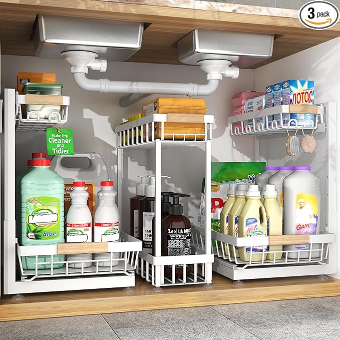 Sevenblue 3 Pack Under Sink Organizer, Multi-Purpose 2 Tier Pull-Out Metal Under Kitchen Sink Organizer, Height Adjustable Storage Shelves for Kitchen Bathroom Cabinet (White)