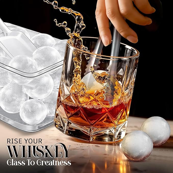 1.8in Large Ice Cube Molds - Big Round Whiskey Ice Trays for Freezer with Bucket, Scoop, Tongs, 2 Straws - Easy to Fill & Release, Bourbon Cocktail (3 pack, 8 Balls)