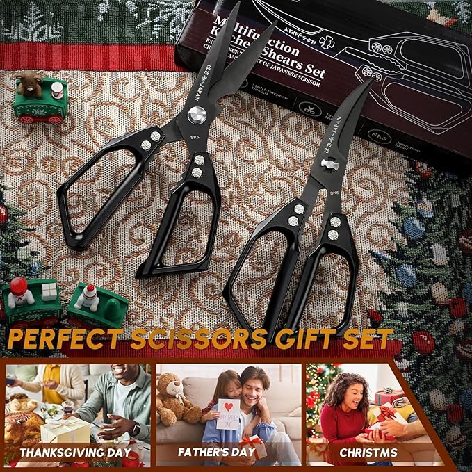 Huusk Kitchen Shears Set Black - Professional Seafood & Kitchen Scissors Set, Sharp Japanese-Style Meat Scissor for Crab, Shrimp, Lobster, Herbs and Food Prep, Christmas Gifts for Men Women