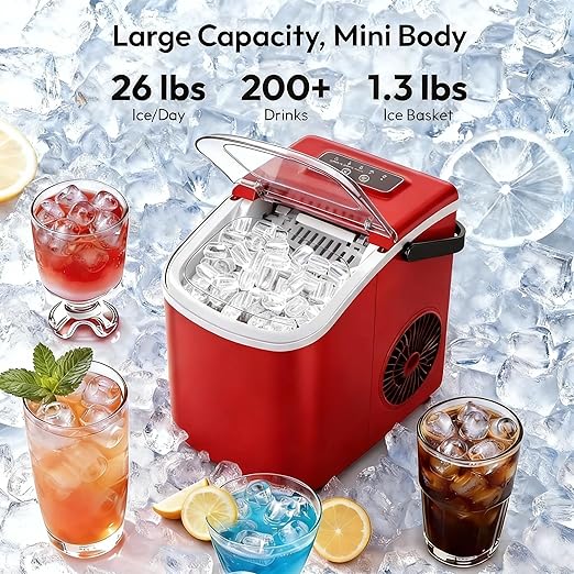 Small Portable Countertop Ice Maker, 26lbs/24H Ice Machine with Self-Cleaning, 6-8 Mins Fast Ice Making,Quiet Operation, Compact Ice Maker with Handle for Home Kitchen Camping RV (red, 26lbs)