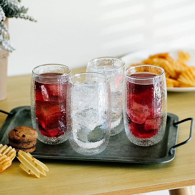 BTaT- Double Walled Glasses, 4 Pack, 12 oz (350 ml), Insulated Dotted Glass Cups, Double Wall Drinking Glasses for Iced Tea, Juices, Water, Cocktails, Hot and Cold Beverages