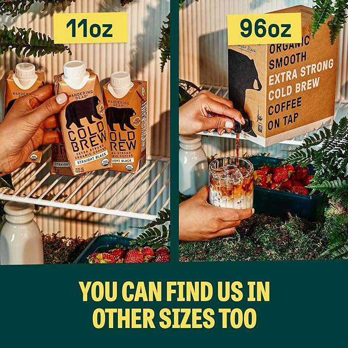 Wandering Bear Extra Strong Organic Cold Brew Coffee, Straight Black, 32 fl oz, 1 pack - Smooth, Organic, Unsweetened, Shelf-Stable, and Ready to Drink & Vegan Cold Brew.