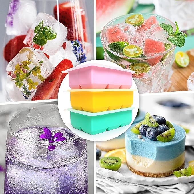Excnorm Silicone Ice Cube Trays 3 Pack - Large Size Silicone Ice Cube Molds with Leak Proof Removable Lid Square Ice Cube Tray And BPA Free for Cocktail,Whiskey, Stackable Flexible Ice