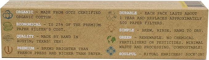 CoffeeSock Reusable Coffee Filters - Hario v60 01 Small (2 Filters) - Organic Natural Cotton Coffee Filters Made in the USA - Ultra-Durable 1 Year Filter Set - Eco-Friendly Compostable Cloth