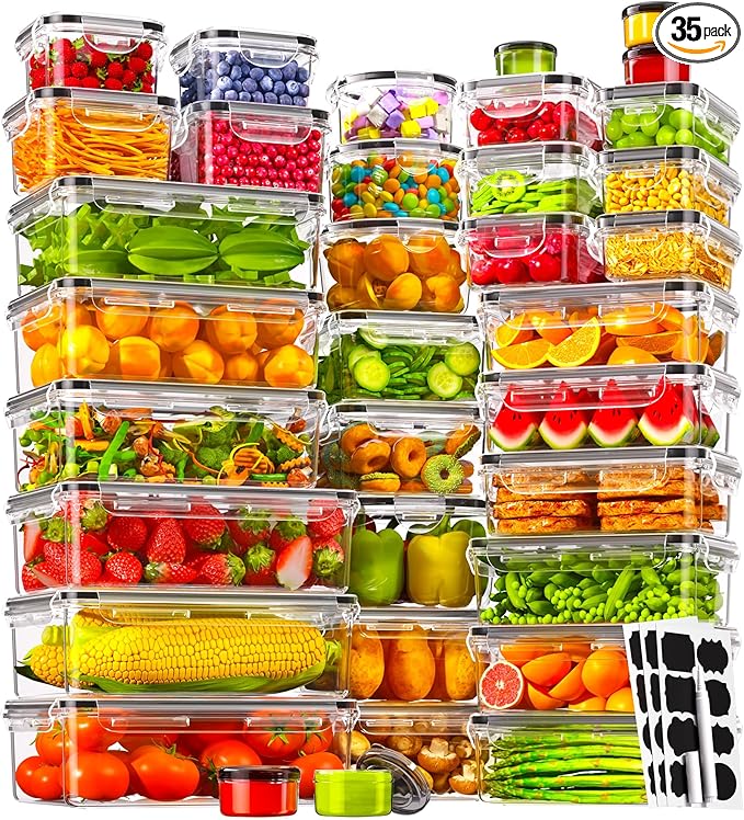KEMETHY 70 PCS Food Storage Containers with Lids(35 Containers & 35 Lids), BPA-Free Plastic Food Containers for Kitchen Storage, Leak Proof, Reusable Meal Prep Containers with Labels & Pen