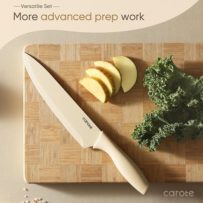 CAROTE Knife Set, 12 Pieces Kitchen Knife Set, 6 Stainless Steel Knives with Blade Guards & Nonstick Ceramic Coating, Rustproof, Color-Coded, Ergonomic Handles (Pack of 2)