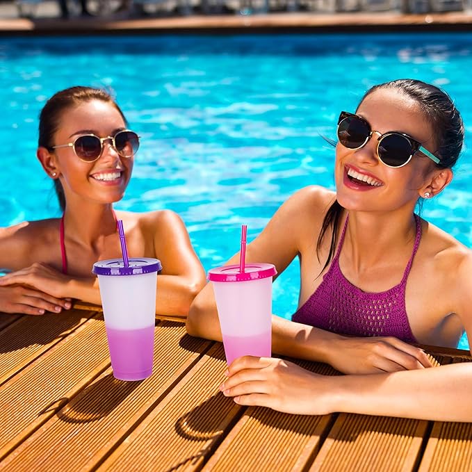 Color Changing Cups, 9 Pack 24oz Plastic Tumblers, Reusable Iced Coffee & Smoothie Cups with Lids and Straws for Parties and Travel (9, White)