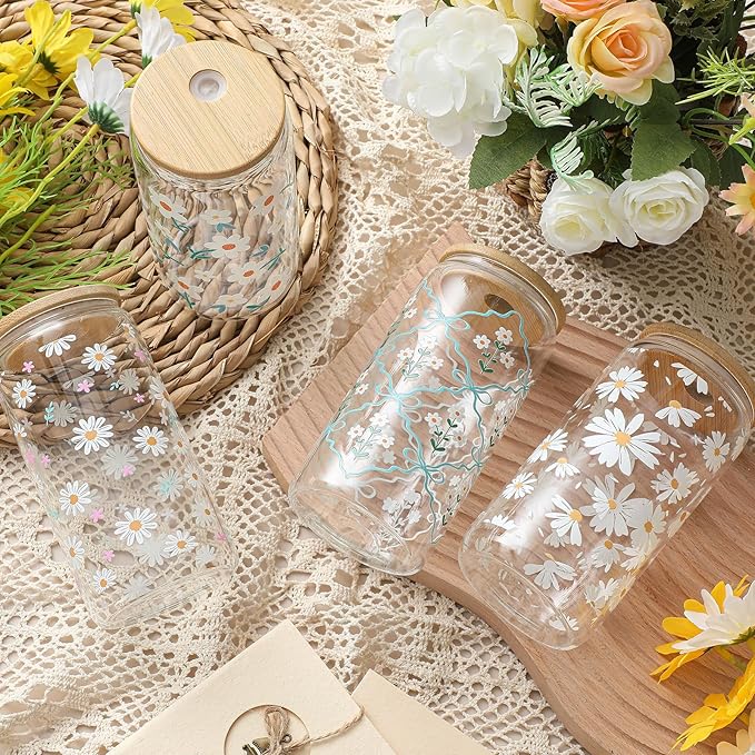 Mumufy 4 Pack Bridesmaid Gift Glass Cups, Cute Flower Mason Jars with Bamboo Lids & Straws, 16oz Iced Coffee Tumblers for Wedding, Bridal Party, Birthday, Mother's Day(Fresh Flower)