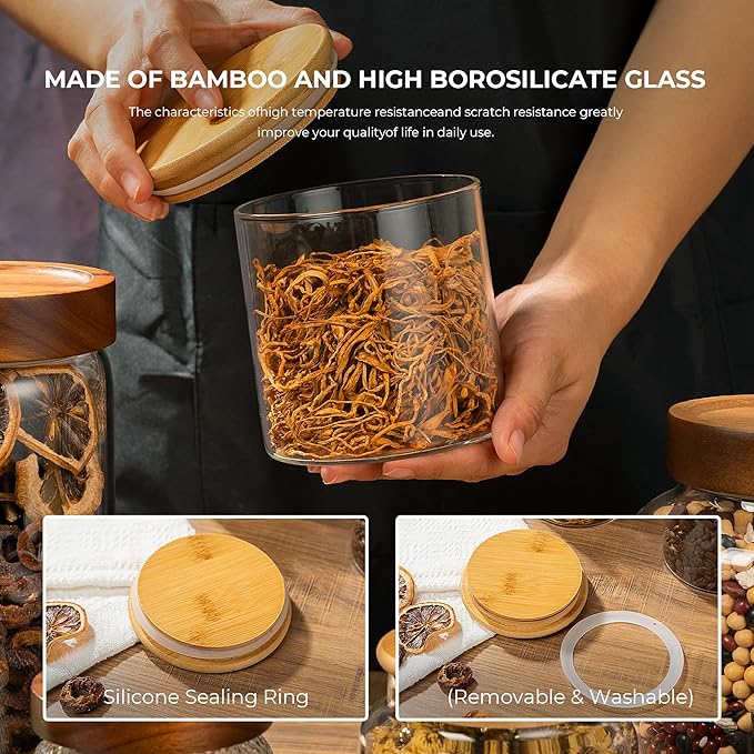 1PC Small Glass Storage Jars with Airtight Lids, 18 fl oz (550ml) Cute Clear Glass Storage container with bamboo Lid, Glass Pantry Canister for Beans, Rice, Sugar, Cookie Coffee and etc