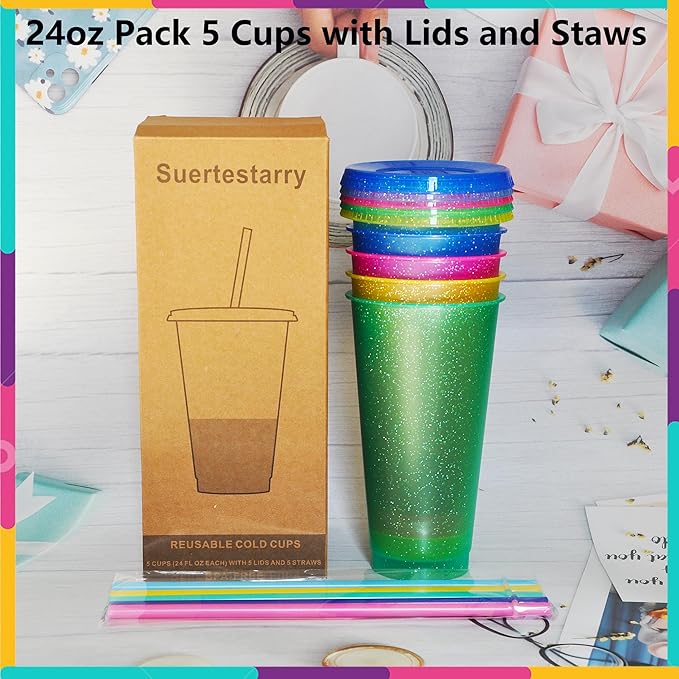 Suertestarry Tumbler with Straw and Lid,Water Bottle Iced Coffee Travel Mug Cup,Reusable Plastic Cups,Perfect for Parties,Birthdays… (Sparkling Glitter, 5pack)