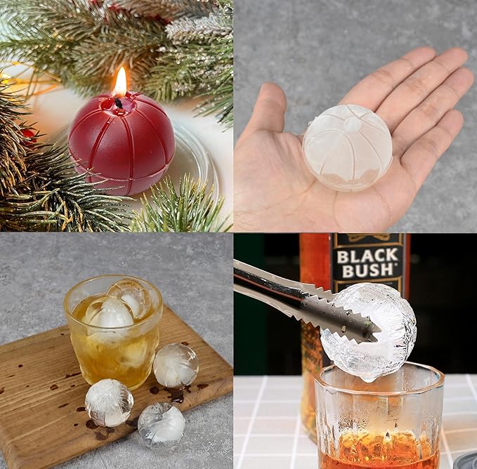 Whiskey Ice Ball Maker – 2” Round Ice Cube Tray with Lid, No-Funnel Fill & Easy Release for Bourbon, Brandy, Chocolate (Basketball Black)