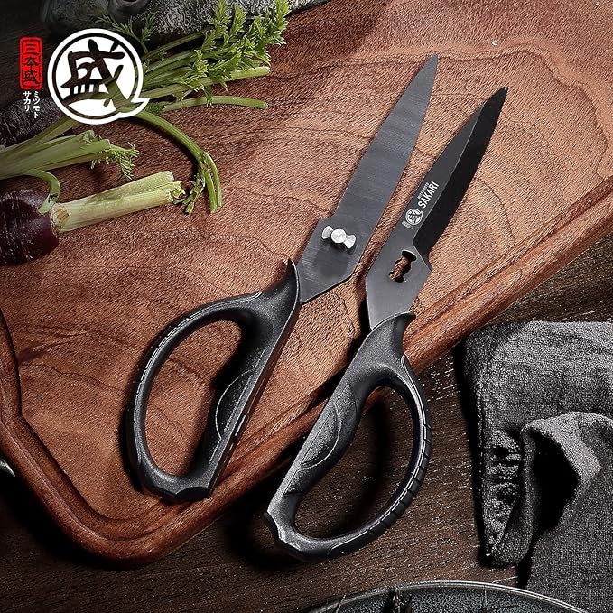 MITSUMOTO SAKARI Japanese Kitchen Scissors, Heavy Duty Poultry Shears, Detachable Titanium Plated Stainless Steel Utility Food Scissors for Meat, Chicken Bone and Herbs
