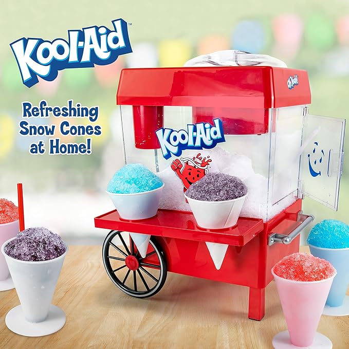 Nostalgia Kool-Aid Snow Cone Shaved Ice Machine - Retro Table-Top Slushie Machine Makes 20 Icy Treats - Includes 2 Reusable Plastic Cups & Ice Scoop - Red