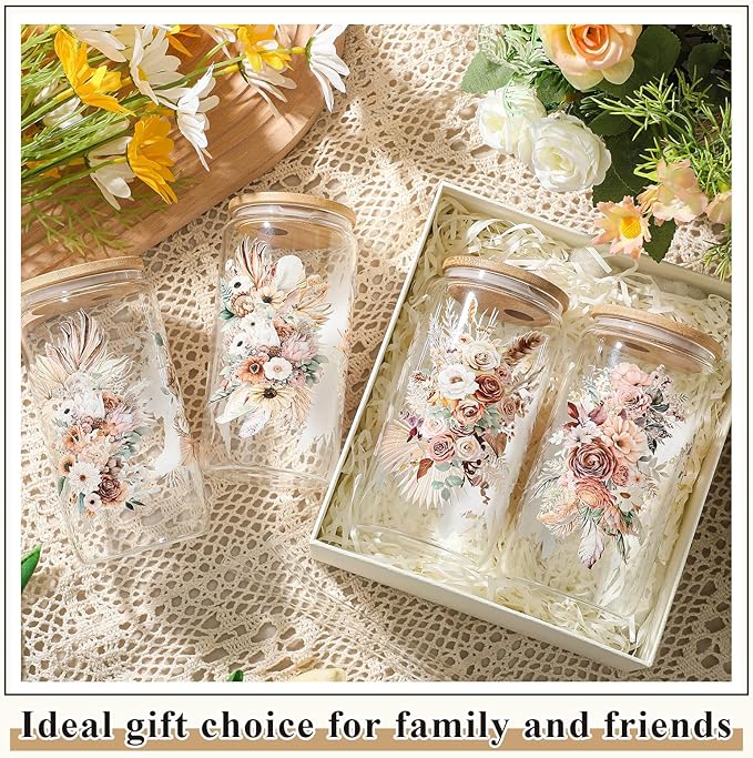 Mumufy 4 Pack Bridesmaid Gift Glass Cups, Cute Flower Mason Jars with Bamboo Lids & Straws, 16oz Iced Coffee Tumblers for Wedding, Bridal Party, Birthday, Mother's Day(Brown Spring)