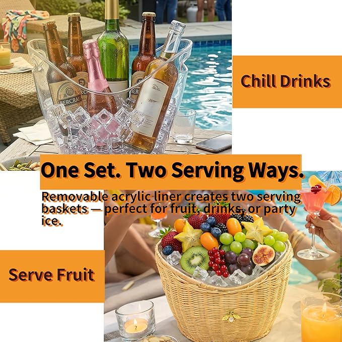 Lexenic 2 PCS Ice Bucket with Handle Hole, Woven and Acrylic Double Layer Basket Design, 4L Champagne Wine Ice Bucket for Cocktail Bar, Parties, Picnics- Anti Frozen Hands Anti Water Leakage (Rattan)