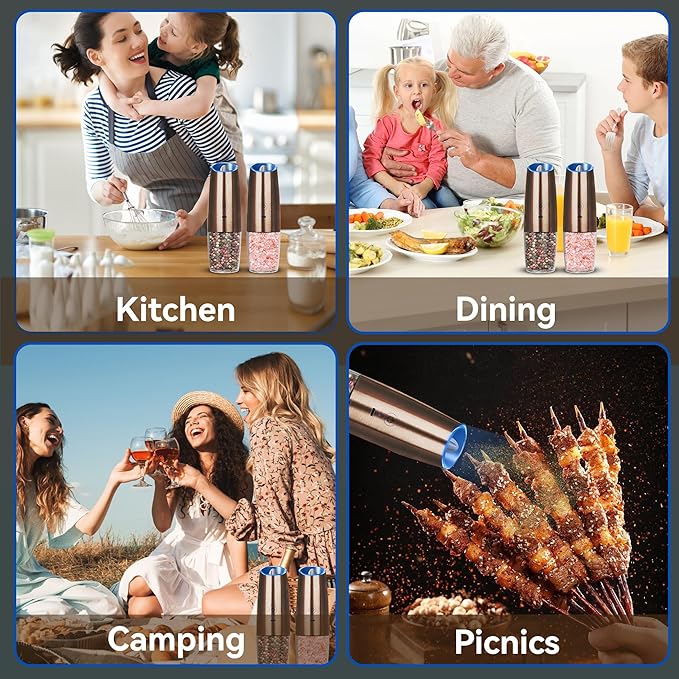 UNNEES Rechargeable Electric Salt and Pepper Grinder set of 2, gravity electric salt and pepper grinder set, Adjustable Roughness, LED Light, 2 Pack, (Copper)