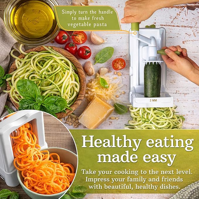 Brieftons 5-Blade Vegetable Spiralizer: Best Zucchini Spiral Slicer & Veggie Noodle Maker, Japanese Steel Blades, Strong Suction Cup, Blade Caddy, 4 Recipe eBooks | Low Carb, Vegan, Paleo, Gluten-Free