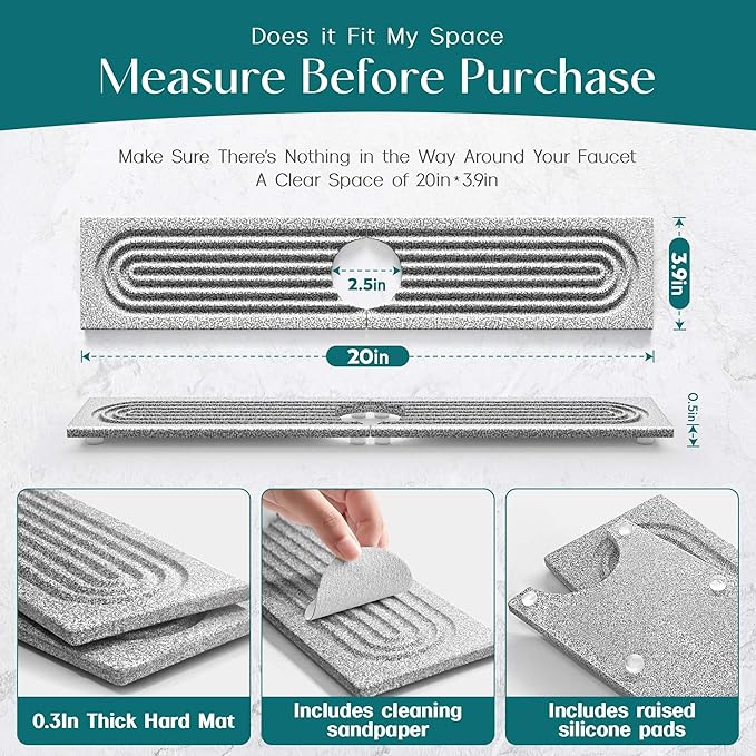 Stone Faucet Mat for Kitchen Sink, Diatomite Stone Drying Mat for Kitchen Counter, 2026 Upgraded Dishwasher-Safe & Ultra Absorbent, Chemical-Free Stone Dish Mat for Bottles Utensils (20" x 3.9")