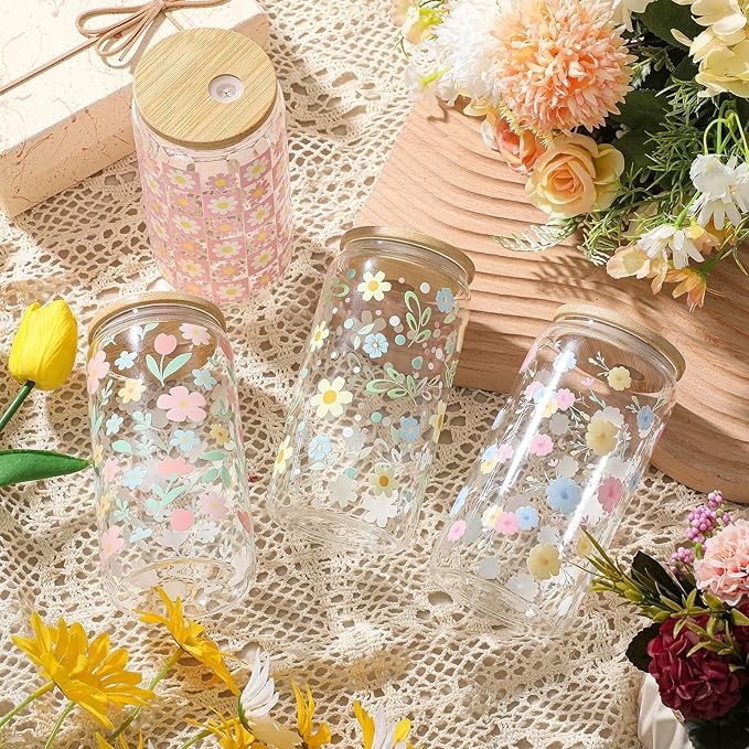 Mumufy 4 Pack Bridesmaid Gift Glass Cups, Cute Flower Mason Jars with Bamboo Lids & Straws, 16oz Iced Coffee Tumblers for Wedding, Bridal Party, Birthday, Mother's Day(Pastel Flower)