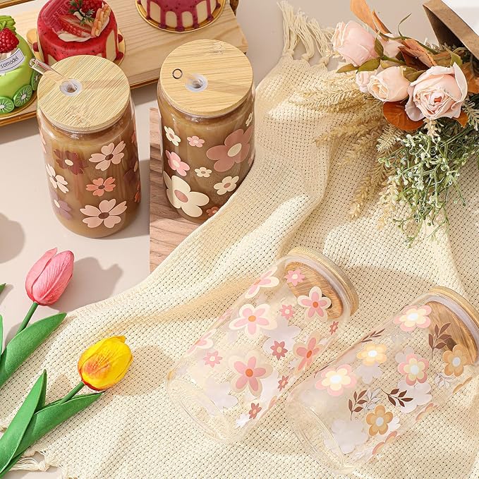 Mumufy 4 Pack Bridesmaid Glass Tumbler Gifts Cute Boho Floral 16oz Iced Coffee Cups with Bamboo Lids and Straws Elegant Bridal Party Proposal and Wedding Shower Gifts