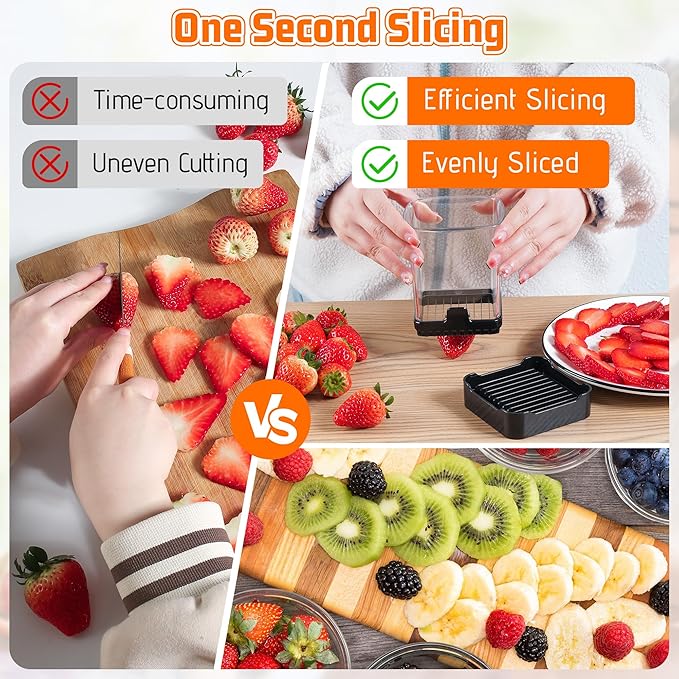 Fruit Slicer Cup for Strawberry, Banana, Hard-Boiled Egg - Detachable Cutter with Push Plate - Rapid & Safe Slicing Kitchen Gadget for Quick Meal Prep (Black)