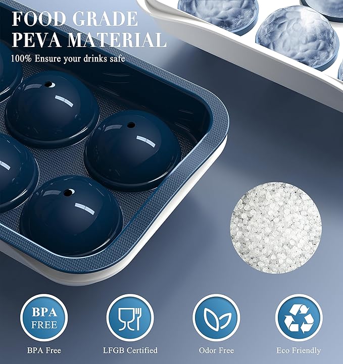 Round Ice Cube Mold with Lid - 2.2 Inch Sphere Ice Ball Maker, Large Whiskey Ice Cubes Mold with Easy Release, Reusable Silicone & Plastic Tray for Bourbon, Scotch, Brandy, Cocktails, Gift