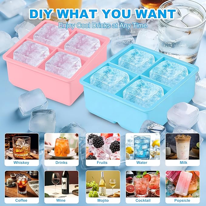 Large Silicone Ice Cube Tray 2Pack, Easy Release 2" Big Ice Cubes,Leak Proof Removable Lid Square Ice Cube Tray for Cocktail，Whiskey，Reusable Stackable Flexible Ice(Blue+Pink) (Blue)