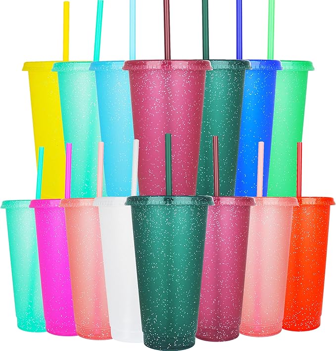 Suertestarry Tumbler with Straw and Lid,Water Bottle Iced Coffee Travel Mug Cup,Reusable Plastic Cups,Perfect for Parties,Birthdays… (15 Pack Glitter, 15 pack)