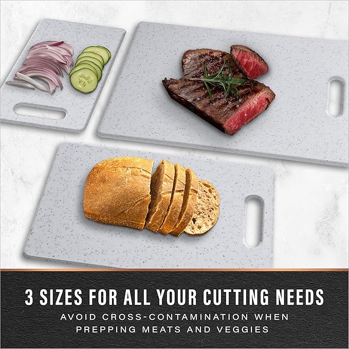 BINO Cutting Board - 3-Piece Chopping Boards | BPA-Free Plastic, Durable, Multipurpose, Dual-Sided, Dishwasher Safe, Easy to Clean | Charcuterie Accessories | Home & Kitchen Utensils White Granite