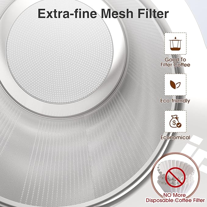 IPOW Reusable Stainless Steel Coffee Filter, Paperless Coffee Maker Strainer, Double Fine Mesh Basket for Loose Tea& Ground Coffee, Coaster Lid, Long Handle for Cup, Mug &Teapot