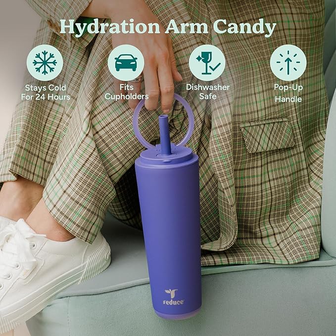 REDUCE Halo 24 oz Stainless Steel Vacuum Insulated Tumbler - Spill Proof Travel Mug with Flip Handle Lid - Keeps Drinks Cold for 32 Hrs - Dishwasher Safe - Cupholder Friendly - Phantom