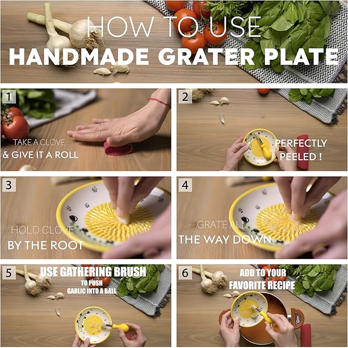Ceramic Grater Plate Set – Handmade 4-Piece Press & Natural Grinder for Garlic, Ginger, Cheese & Spices – Decorative Hand Dish (Black/Orange)