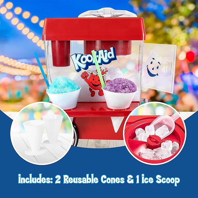 Nostalgia Kool-Aid Snow Cone Shaved Ice Machine - Retro Table-Top Slushie Machine Makes 20 Icy Treats - Includes 2 Reusable Plastic Cups & Ice Scoop - Red