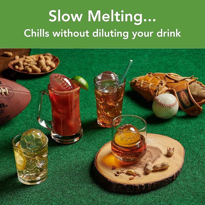 Tovolo Sports Ice Mold Bundle Set of 4 Football Baseball Basketball Soccer Ball Large Craft Ice Cubes for Whiskey Cocktails with Silicone Lids, Easy Fill Craft Ice Mold for Sports Fans