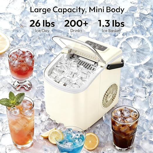 Small Portable Countertop Ice Maker, 26lbs/24H Ice Machine with Self-Cleaning, 6-8 Mins Fast Ice Making,Quiet Operation, Compact Ice Maker with Handle for Home Kitchen Camping RV (Beige, 26lbs)