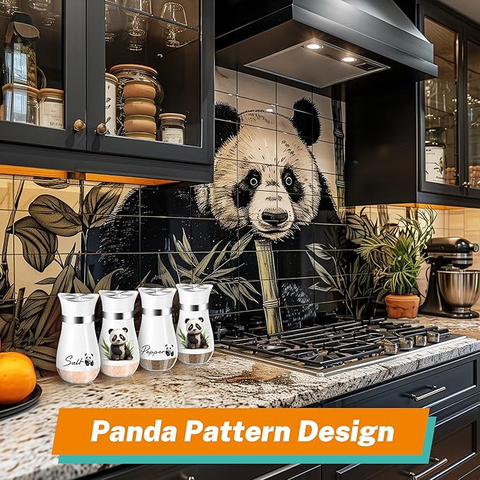 Panda Salt and Pepper Shakers Set,4 oz Glass Bottom Salt Pepper Shaker with Stainless Steel Lid Kitchen Decor and Accessories Refillable Design(Panda Sitting)