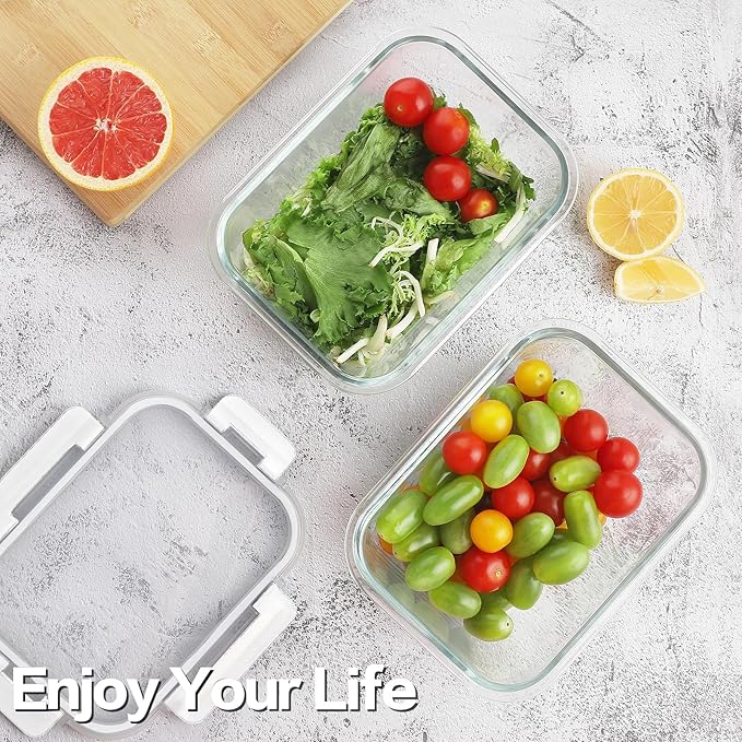 HOMBERKING 24pc Glass Food Storage Containers with Lids, Glass Meal Prep Containers with Leak Proof Snap Lock Lids, Airtight Bento Lunch Boxes, Kitchen Storage (12 lids & 12 Containers) - White