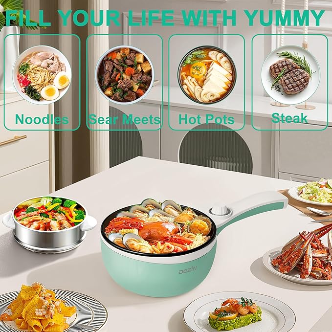 Dezin Hot Pot Electric with Steamer Upgraded, Non-Stick Sauté Pan, Rapid Noodles Electric Pot, 1.5L Mini Pot for Steak, Egg, Fried Rice, Ramen, Oatmeal, Soup with Power Adjustment