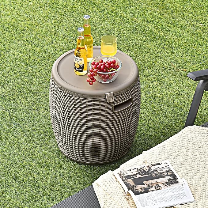 Giantex 9.5 Gallon Ice Cooler, Wicker Round Ice Chest, Outdoor Beer Wine Ice Bucket, Top Lid Side Handles Drainage Plug, Weather-resistant Patio Cool Bar Table for Cocktail Party Poolside Deck
